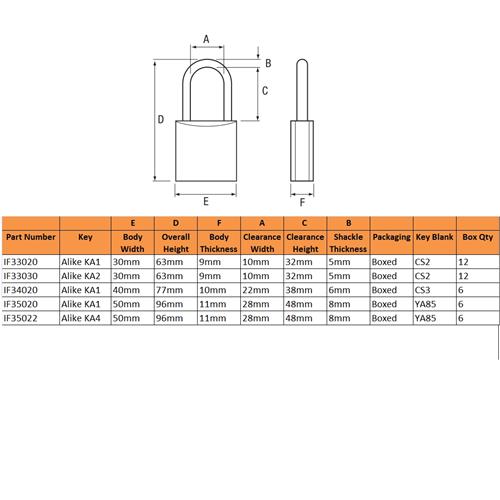 Ifam E Series Brass Padlock Long Shackle Keyed Alike