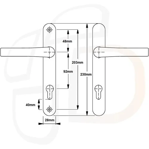 Multipoint uPVC door handle measurement diagram showing PZ centres, screw centres, backplate length, and width