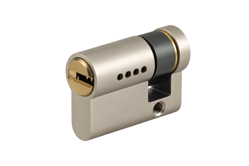 Compact satin nickel half Euro cylinder with one keyway