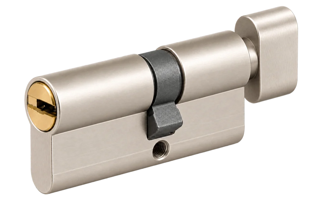 Satin nickel key and turn Euro cylinder with a keyway and thumbturn