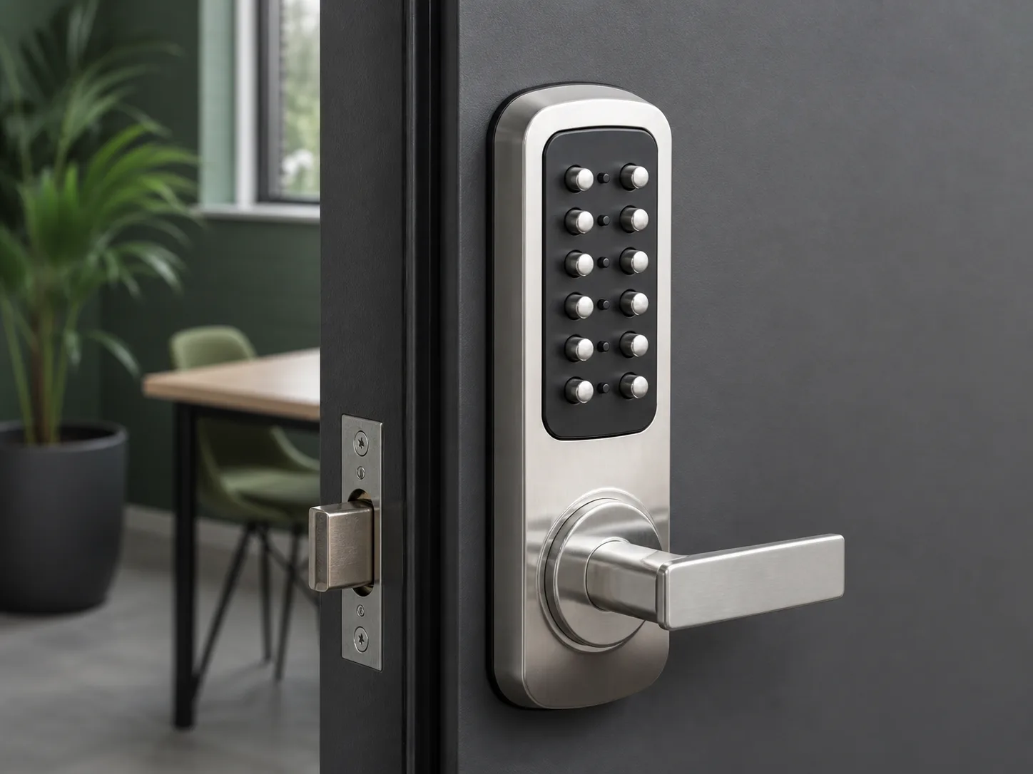 Mechanical push-button digital lock fitted to a commercial door