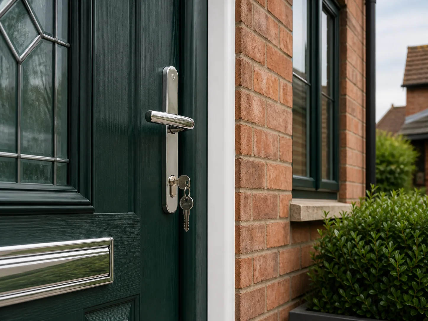 Front door fitted with a euro cylinder and lever handle