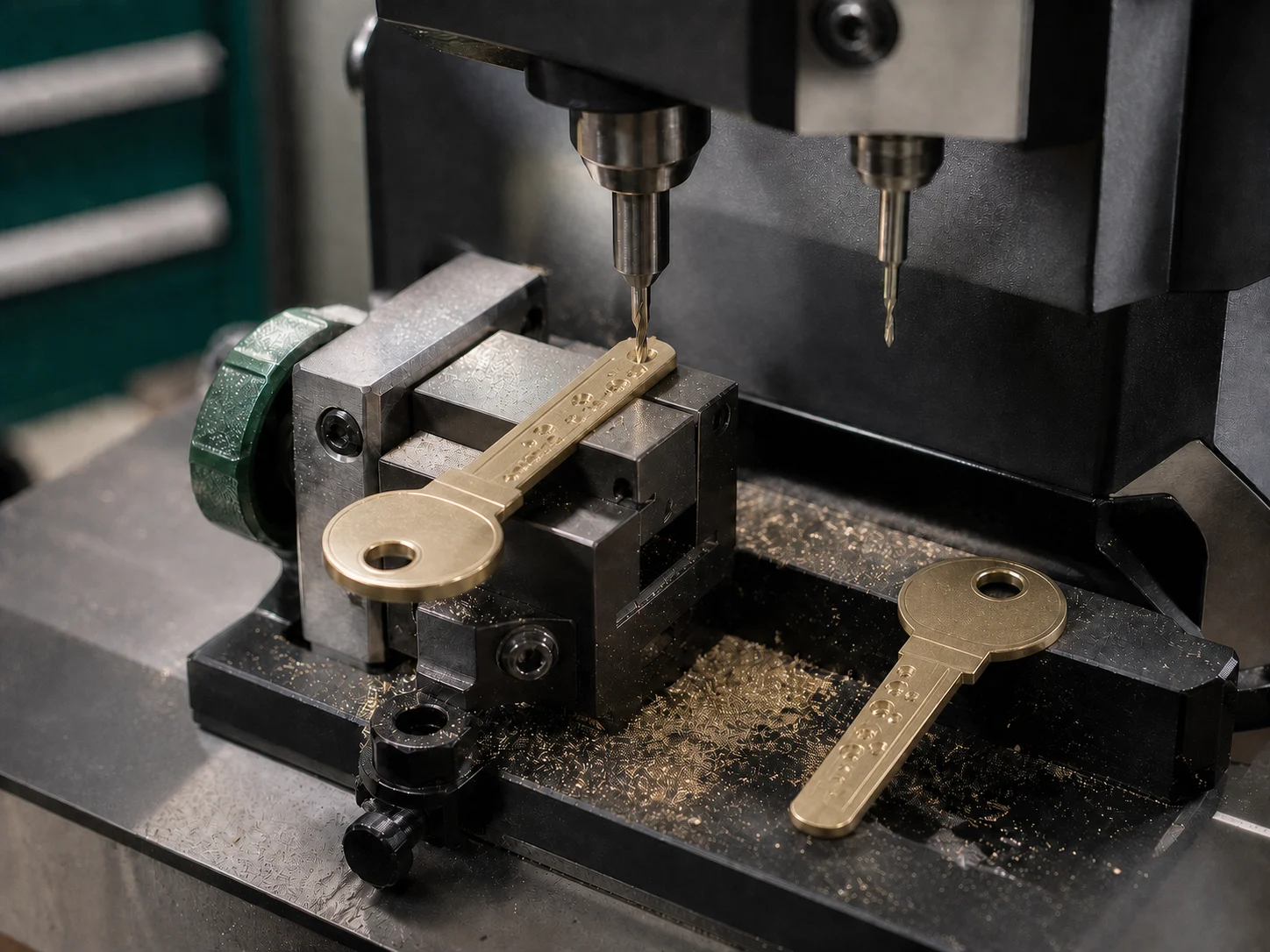 Brass key being cut on a precision key-cutting machine