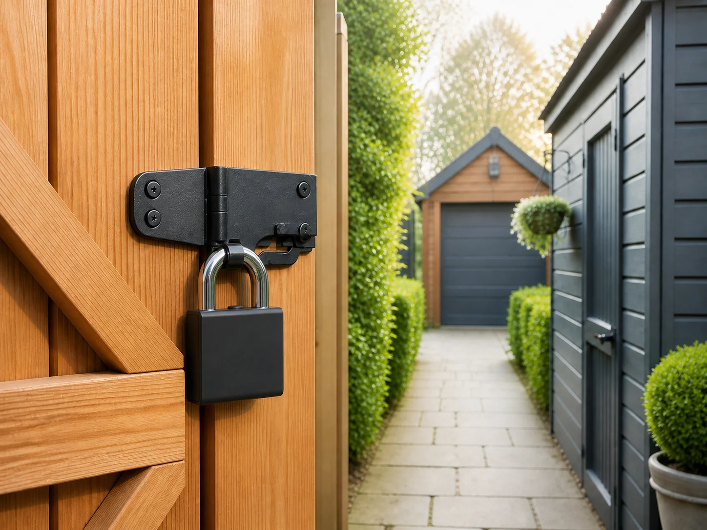 Weatherproof padlock securing a timber garden gate