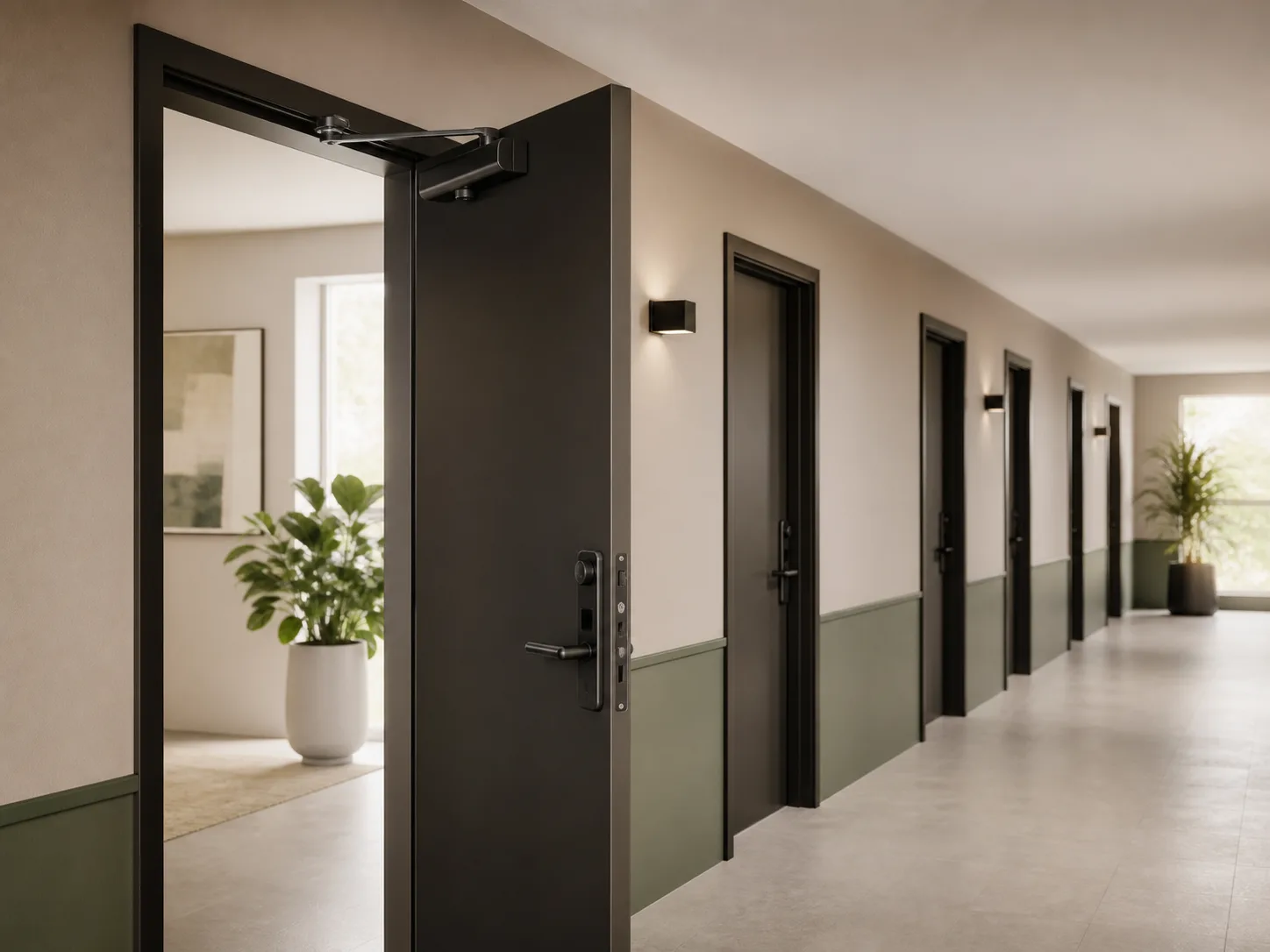 Managed-property corridor with several secured doors