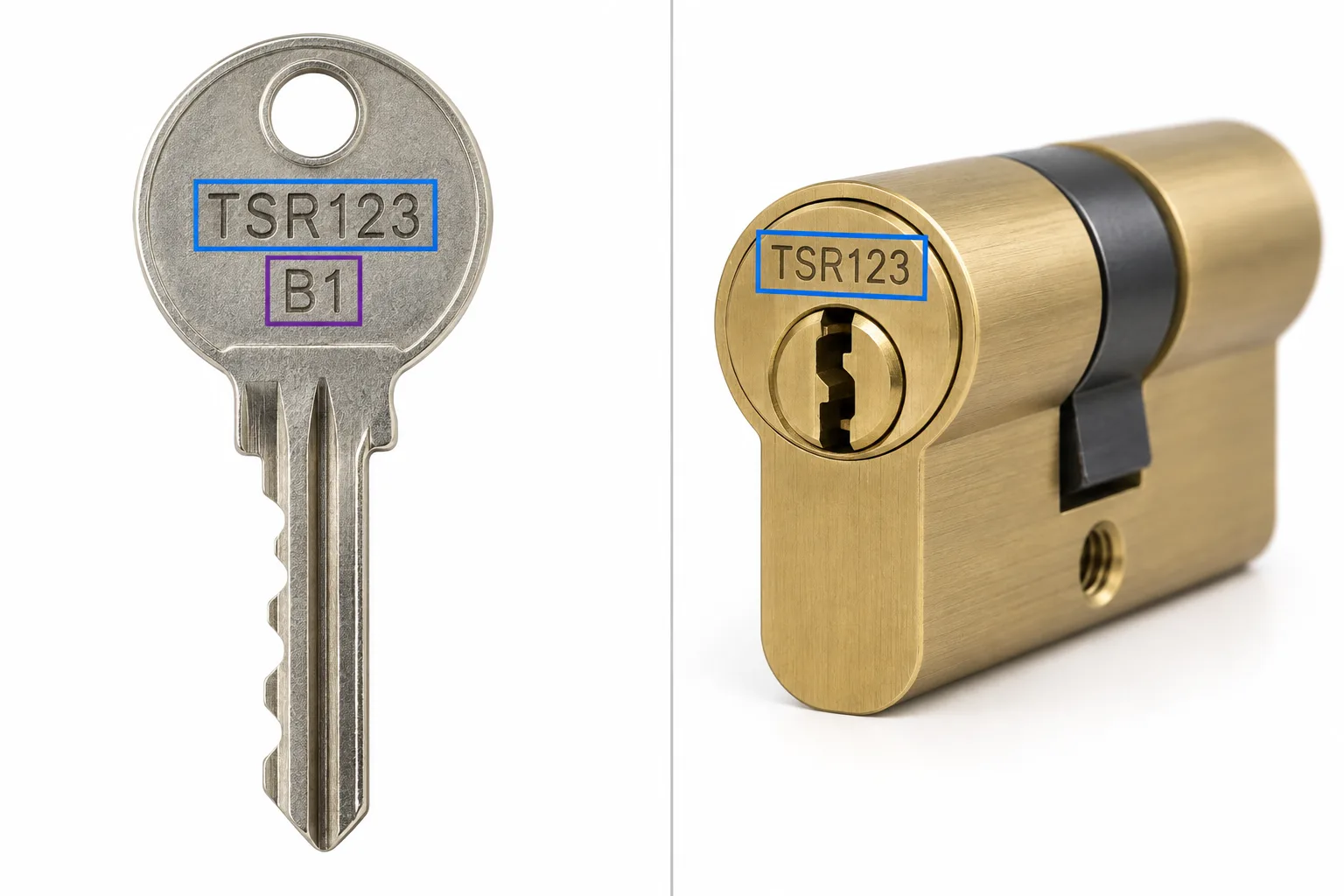 Illustrative key head with system number TSR123 highlighted blue and key number B1 highlighted purple.