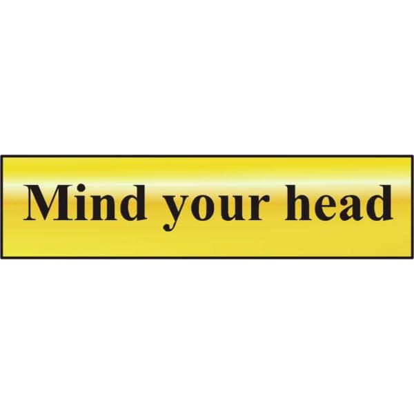 ASEC `Mind Your Head` 200mm x 50mm Gold Self Adhesive Sign