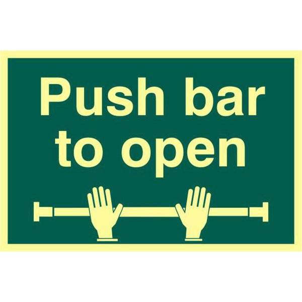 ASEC `Push Bar To Open` 200mm x 300mm PVC Self Adhesive Photo luminescent Sign