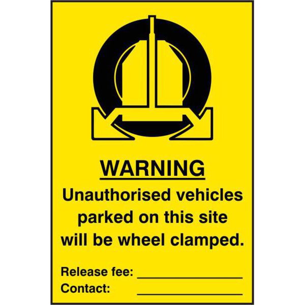 ASEC `Unauthorised Vehicles Parked On This Site Will Be Wheel Clamped` 200mm x 300mm PVC Self Adhesive Sign