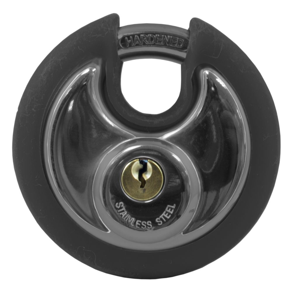 Asec Coloured Discus Padlock - AS10474 - Chrome Plated - Black Bumper - AS10474