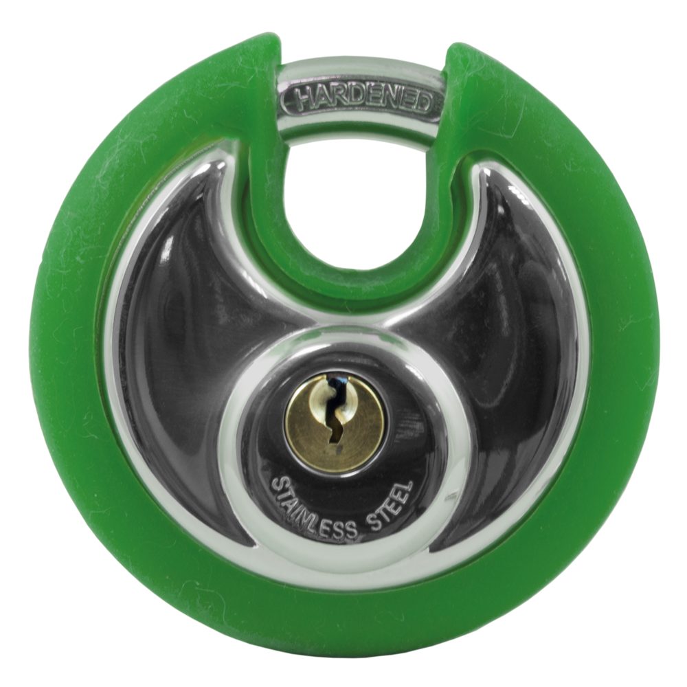 Asec Coloured Discus Padlock - AS10475 - Chrome Plated - Green Bumper - AS10475