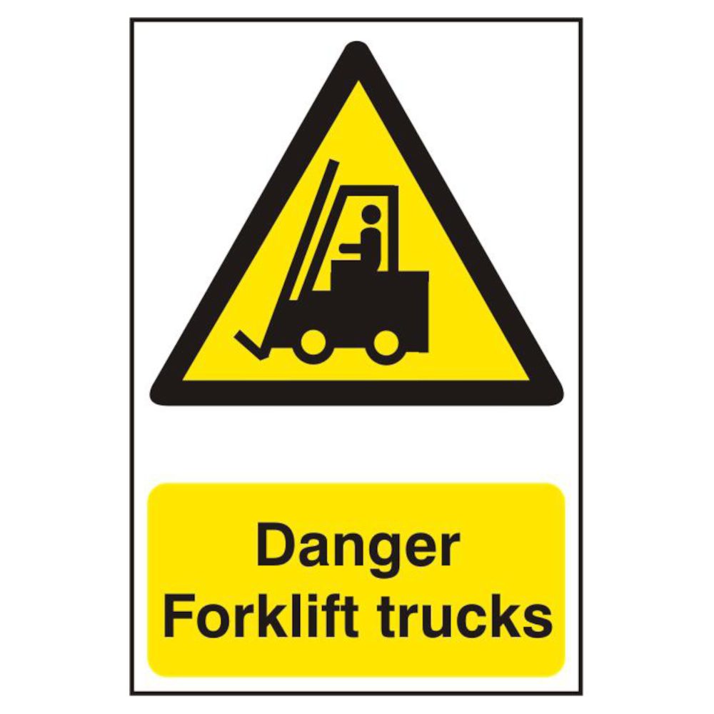 ASEC `Danger Forklift Trucks` 200mm x 300mm PVC Self Adhesive Sign - AS4677 - White - AS4677