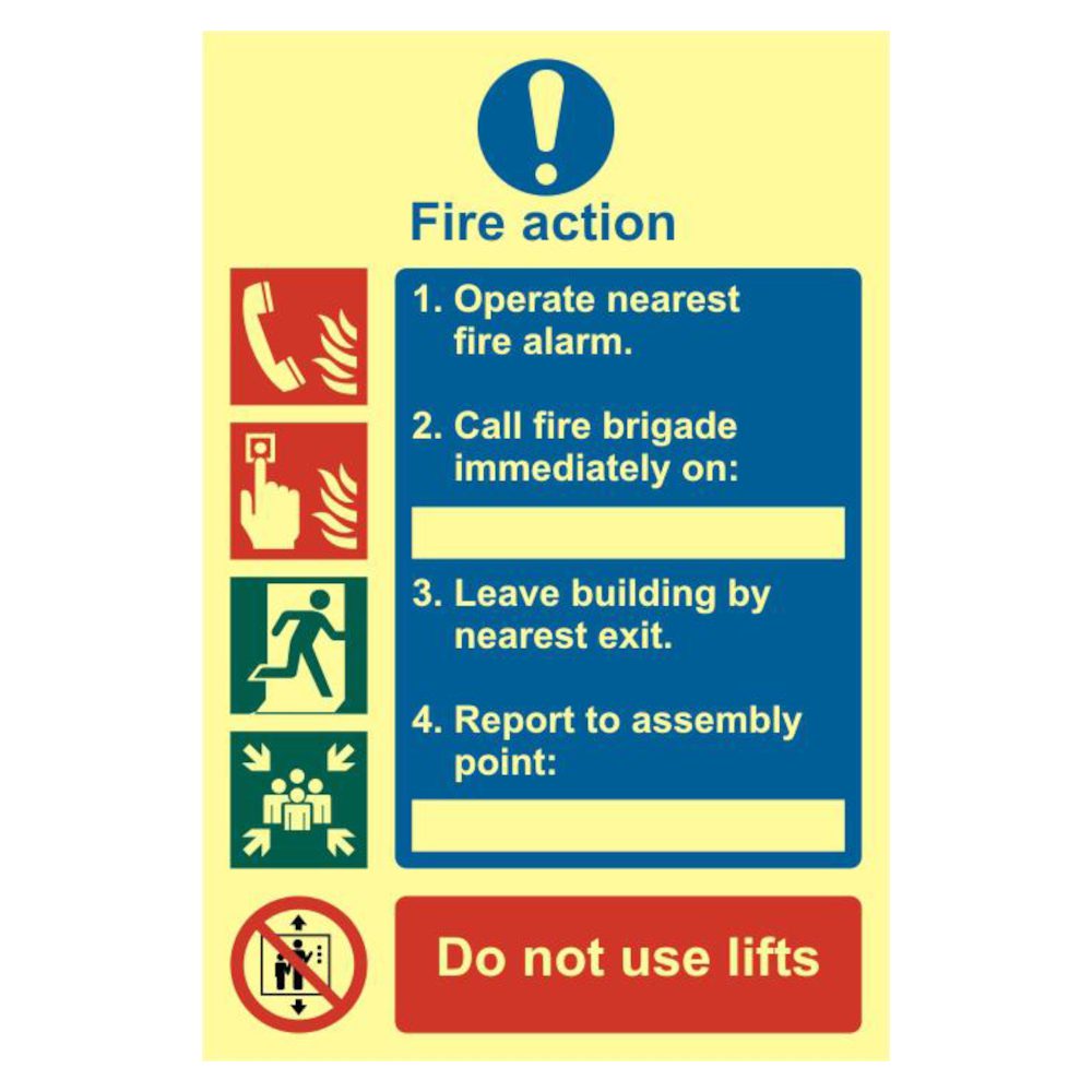 ASEC Fire Action Procedure 200mm x 300mm PVC Self Adhesive Photo luminescent Sign