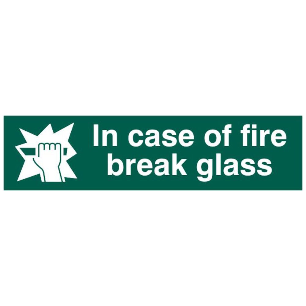 ASEC `In Case Of Fire Break Glass` 200mm x 50mm PVC Self Adhesive Sign.