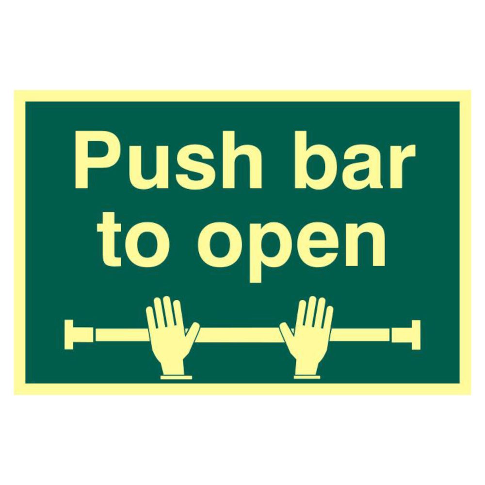 ASEC `Push Bar To Open` 200mm x 300mm PVC Self Adhesive Photo luminescent Sign
